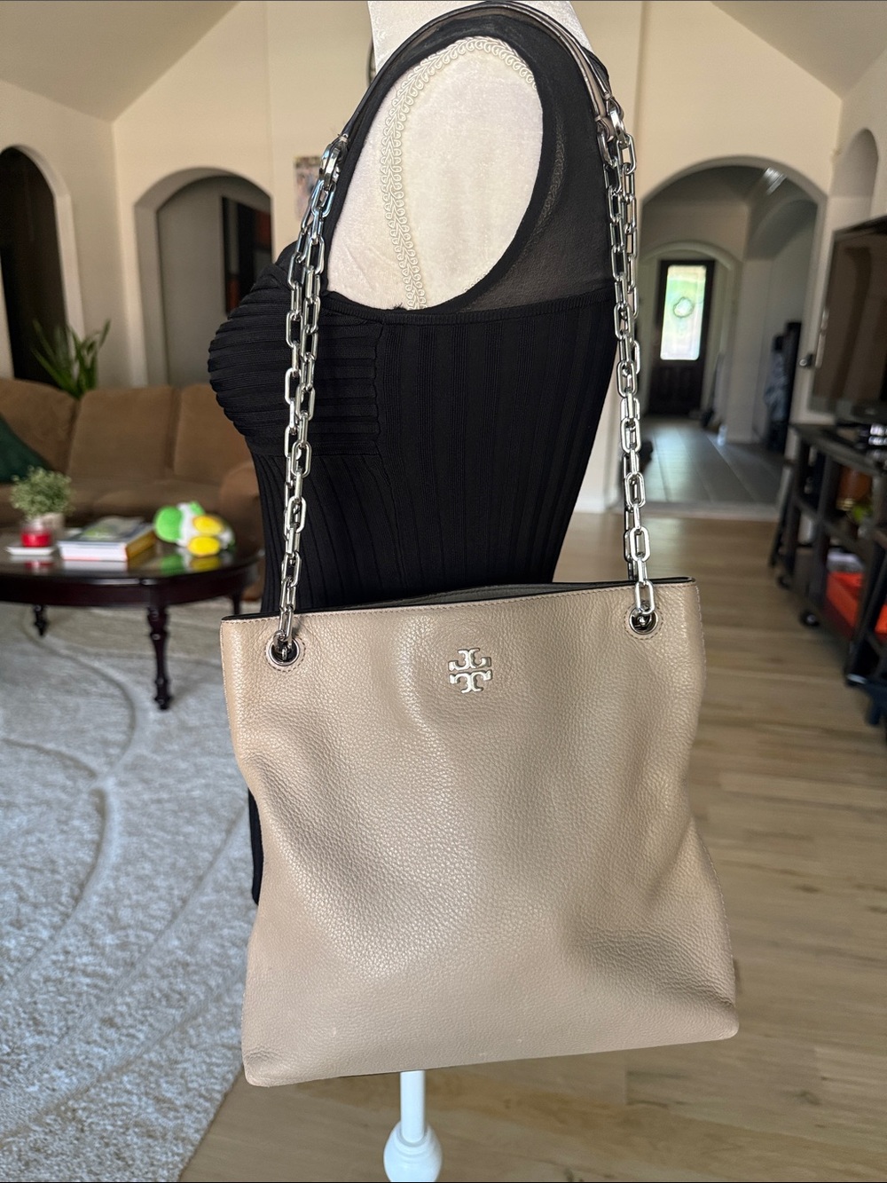 Tory Burch Pebbled Leather Taupe Shoulder Bag with Silver Chain Straps